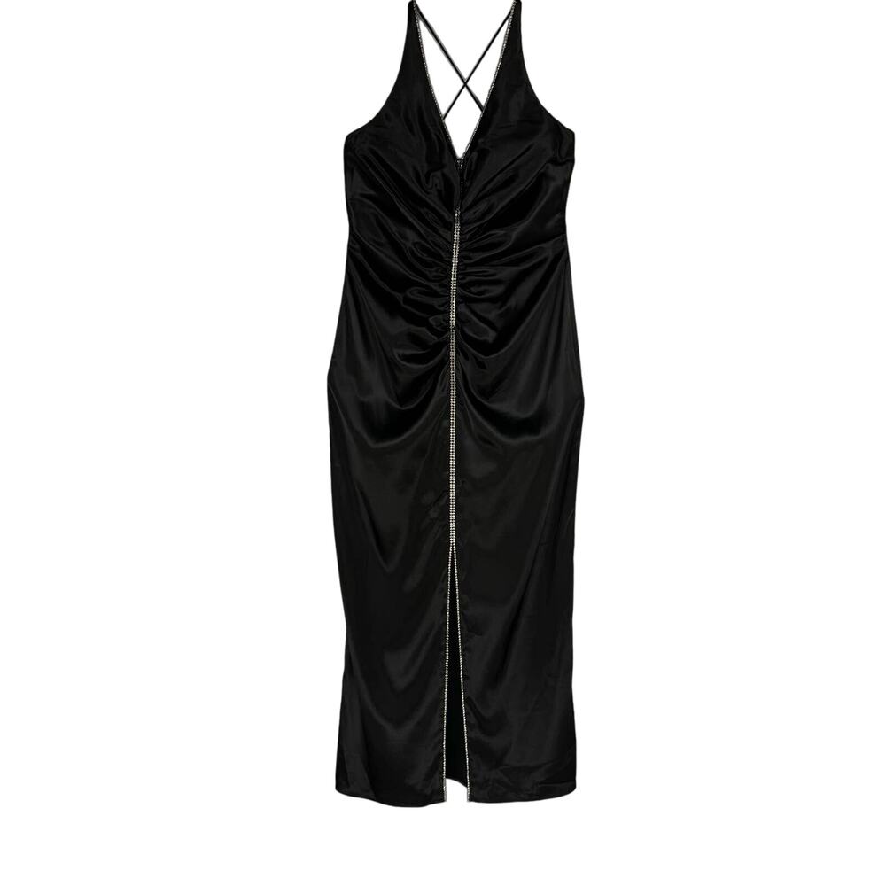VTG ONYX NITE | Black Satin Gem Ruched Front‎ Slit Maxi Y2K Dress | Women's 14W